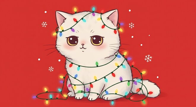 Weihnachtskatze leuchtet sanft rot Niedliche Zeichnung. AI Generated