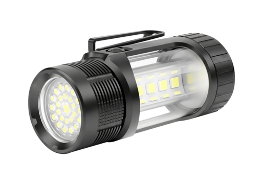 Black LED flashlight isolated on white background for lighting or emergency use