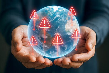 Earth Surrounded by Digital Warning Signs