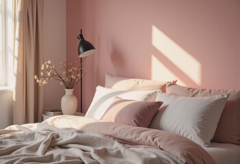 Cozy bedroom featuring a soft pink accent wall and stylish decor