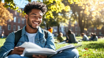 Fototapeta premium Student enjoys reading a book outside on a sunny day in a university campus park with friends nearby