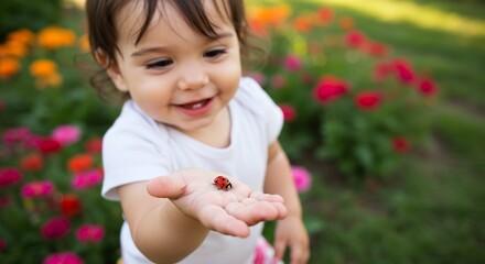 Kleines Kind entdeckt Marienkaefer sanft im Gartenlicht. AI Generated