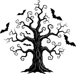 Twisted Halloween Tree Silhouette with Flying Bats – Scary Forest Vector Illustration