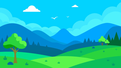 Obraz premium Tranquil Summer Landscape with Blue Mountains and Green Fields