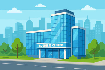 Obraz premium Modern business center building exterior with glass facade. Office or company headquarters on a city street with a downtown skyline. Corporate architecture vector illustration.