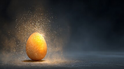 A single golden egg surrounded by sparkling dust against a dark and moody background