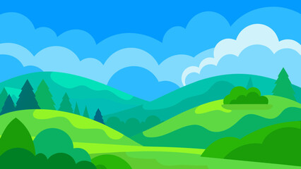 Cartoon Landscape of Green Hills and Blue Sky