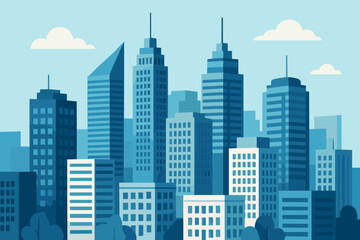 Obraz premium Cityscape with tall skyscrapers and office buildings in a downtown business district. Urban metropolitan panorama with modern architecture. Flat cartoon vector illustration.