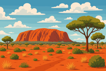 Vector illustration of Uluru, Ayers Rock, in the Australian outback. Famous landmark in Australia. Red Centre desert landscape with sand, trees, shrubs and a cloudy blue sky.