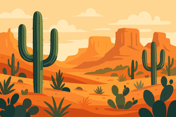 Arizona desert landscape with saguaro cacti, plants and canyon rock formations. Wild West scenery with mountains at sunset. Modern flat cartoon vector background illustration.