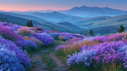 Obraz premium Serene Sunrise in the Flowery Mountains