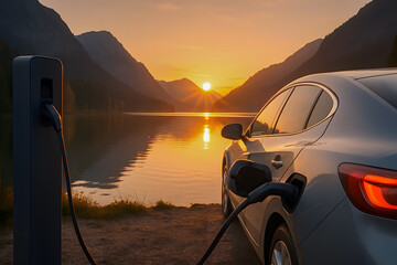 Electric Car Charging by Lake at Sunset