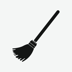 Minimal black silhouette of a broom in profile view. Clean, detailed vector with textured bristles and reinforced brush head. Perfect for icons, prints, or cleaning-themed designs.