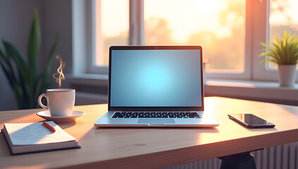Modern Office Desk with Laptop and Smartphone