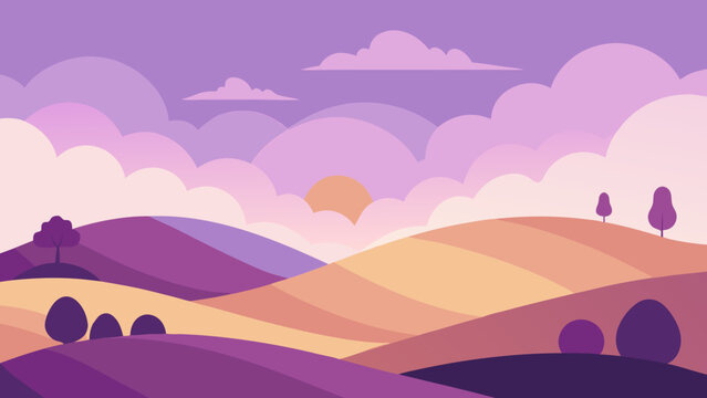 Sunset Over Rolling Hills Landscape Illustration