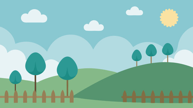 Simple Cartoon Landscape with Rolling Hills and Trees