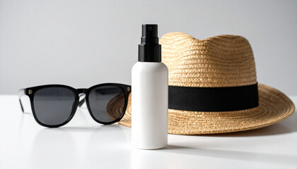 Protección solar en la piscina o en la playa con crema solar, gafas de sol, toalla y gorro para la cabeza