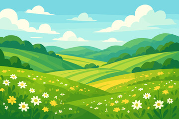 Sunny meadow landscape with rolling green hills, wildflowers, blue sky, fluffy white clouds. Cartoon nature background, spring or summer countryside, scenic rural field illustration
