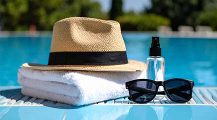 Protección solar en la piscina o en la playa con crema solar, gafas de sol, toalla y gorro para la cabeza