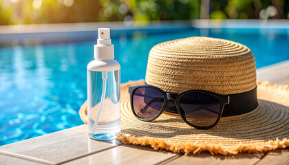Protección solar en la piscina o en la playa con crema solar, gafas de sol, toalla y gorro para la cabeza