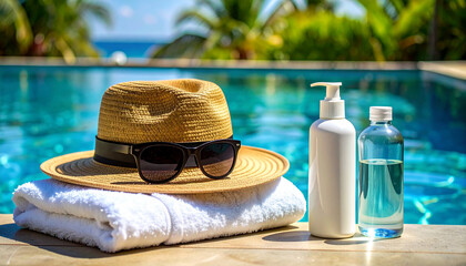 Protección solar en la piscina o en la playa con crema solar, gafas de sol, toalla y gorro para la cabeza