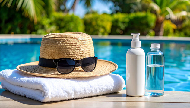 Protecci&oacute;n solar en la piscina o en la playa con crema solar, gafas de sol, toalla, una botella de agua y gorro para la cabeza	