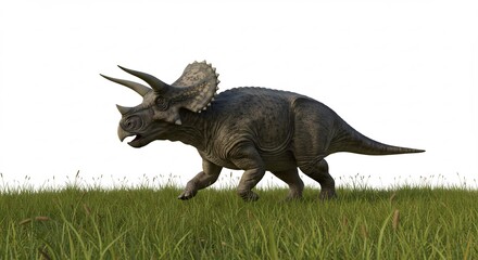 Fototapeta premium Triceratops rennt schnell uber Grasland kraftvolles 3D Modell weiches Licht. AI Generated