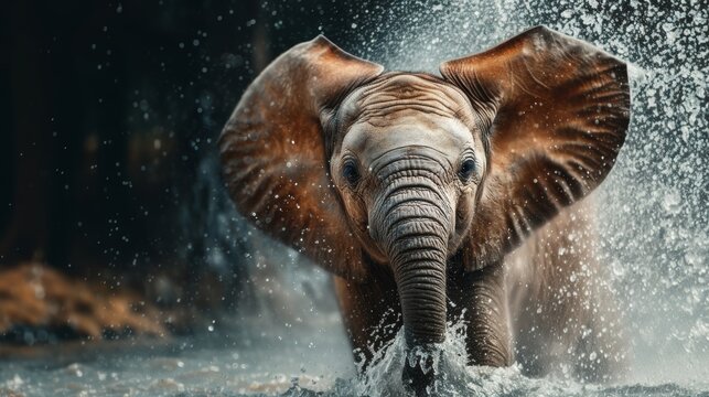 Peque&ntilde;o elefante, africano, corriendo hacia la c&aacute;mara, salpicando agua de un peque&ntilde;o charco.