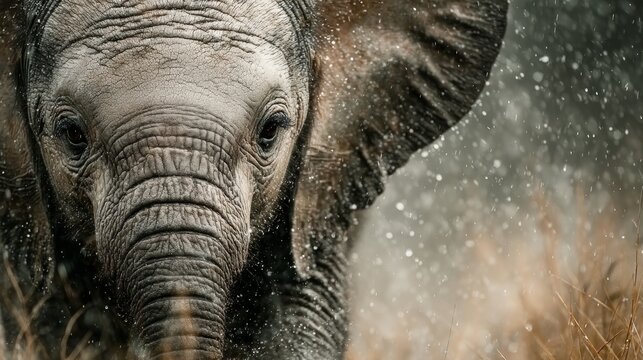 Peque&ntilde;o elefante, africano, corriendo hacia la c&aacute;mara, salpicando agua de un peque&ntilde;o charco.