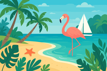 Tropical beach landscape with pink flamingo, palm trees, and sailboat on the sea. Paradise island with sand, starfish, and exotic leaves. Summer vacation vector illustration.