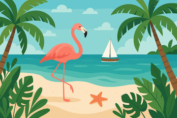 Tropical beach with pink flamingo, palm trees and a sailboat on the ocean. Summer vacation paradise landscape concept. Vector illustration of a sandy shore with a starfish.