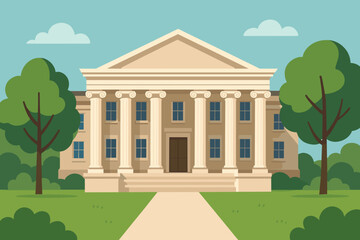 Classical courthouse or university building with columns. Government building, bank, or museum facade. Academy exterior. Ancient architecture concept. Flat cartoon vector illustration.