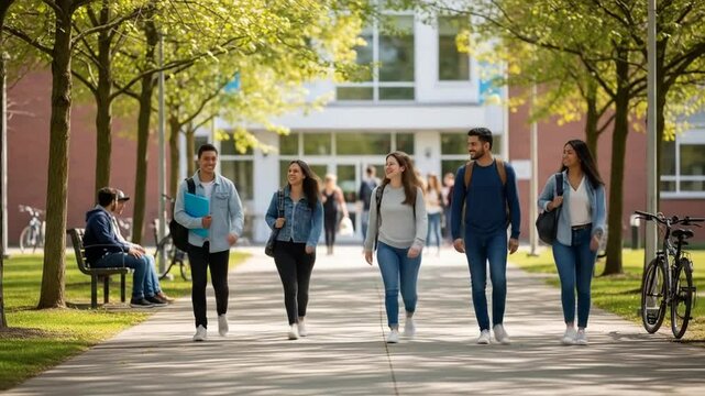Diverse students walking on campus pathway