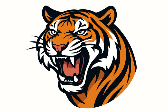 Roaring tiger head logo vector. Aggressive tiger mascot for sport team. Wild cat face growling emblem. Angry predator illustration. Ferocious animal head symbol for gaming. - Powered by Adobe