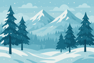 Winter landscape with snowy mountains and pine forest. Flat cartoon vector illustration of a scenic nature background for Christmas or New Year. Peaceful wintertime scene.
