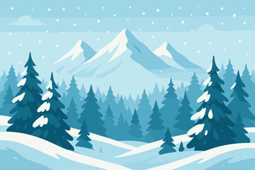 Winter landscape with snowy mountains and pine forest. Christmas holiday nature scene background. Modern flat vector cartoon illustration for seasonal design and new year.