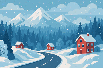 Winter landscape vector illustration with cozy red houses, snowy mountains, and pine forest. Winding road in a countryside village. Christmas holiday travel background.