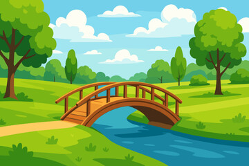 Obraz premium Summer park landscape with a wooden footbridge over the river. Scenic nature cartoon background with green trees, meadow, and blue sky with clouds. Vector illustration.