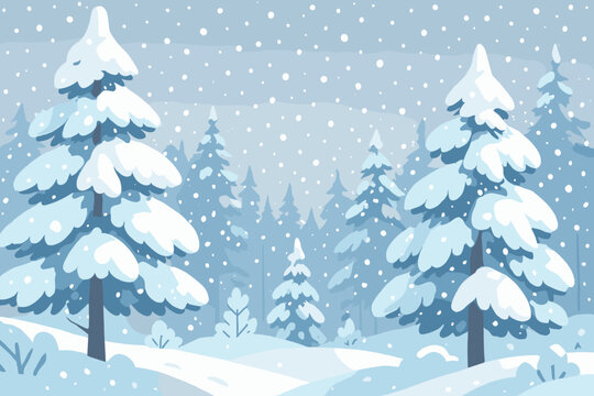 Winter forest landscape in snowy weather. Beautiful pine trees covered with snow during a heavy snowfall. Modern flat vector cartoon illustration for seasonal background.