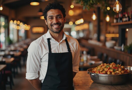 Waiter serving festive dishes in a cozy Italian restaurant setting - Powered by Adobe