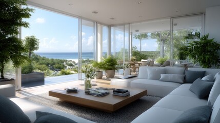 Bright and airy living room in a Miami Beach apartment, showcasing stunning ocean views through floor-to-ceiling windows