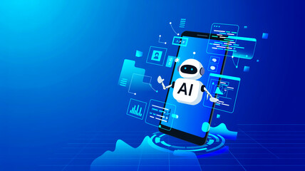 A sleek AI smartphone interface glows on deep blue gradient background, showcasing futuristic icons and connectivity