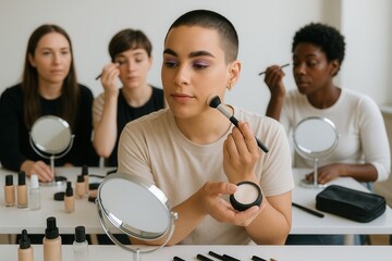 People attending makeup workshop applying foundation with brush