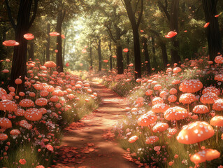 Magical Forest Path with Red Mushrooms and Falling Petals &ndash; Dreamy Fantasy Nature Scene