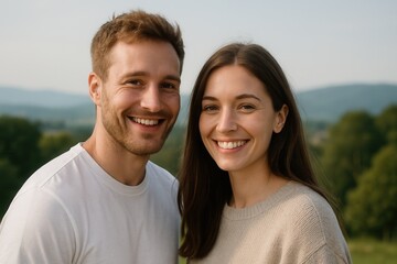 Fototapeta premium Happy couple smiling in front of mountain landscape