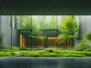 Minimalist Indoor Green Space with Trees Grass and Stone Accents