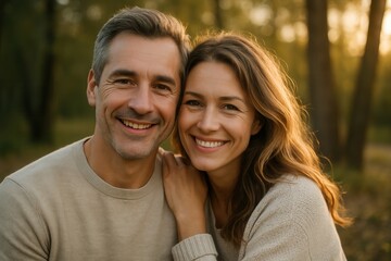 Naklejka premium Happy Couple Smiling and Embracing in Nature at Sunset