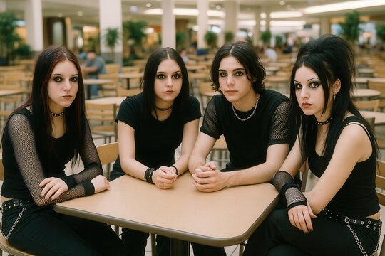 Group of goth teenagers sitting at a table in a shopping mall food court