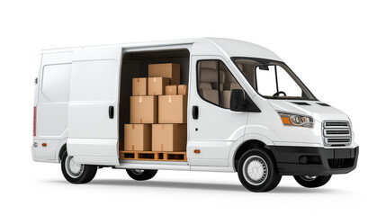 White delivery van full of cardboard boxes parked on white background