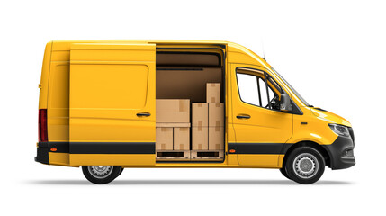 Yellow delivery van full of cardboard boxes parked with open doors